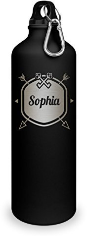 Trinkflasche mit Namen Sophia - graviert mit Hipster Layout, Aluminiumflasche mit Gravur, Sportflasche - matt schwarz