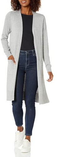 Amazon Essentials Longer Length Cardigan, Cardigan Donna, Grigio (Light Grey Heather Lgh), Large