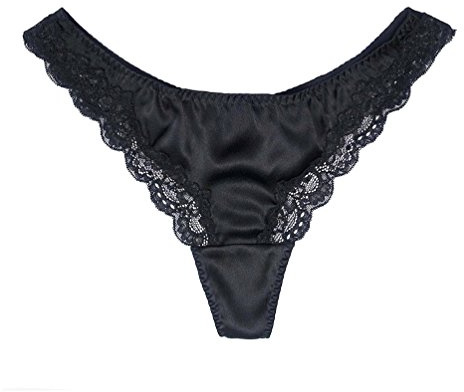 Dam silke spets G-string stringtrosa, sexiga t-back underbyxor med mjuk satin, Svart, L