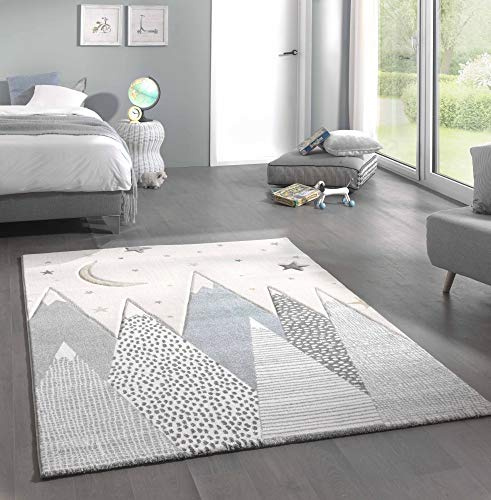 Merinos Kinderteppich Teppich Kinderzimmer mit Bergen in Pastel Blau Grau Größe 160x230 cm