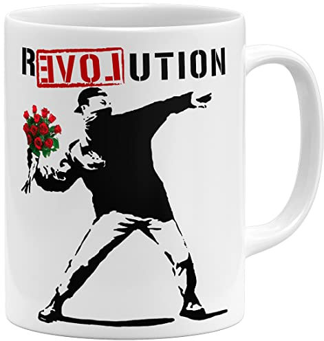 OM3® Love Revolution Banksy Kaffee-Tasse Statement - Keramik Becher - 11oz 325ml - Beidseitig Bedruckt - Weiss