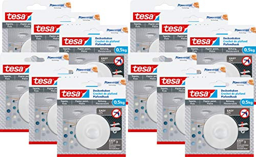 tesa Deckenhaken mit Powerstrips, selbstklebend, wieder ablösbar, bis 0,5kg (12er Pack)