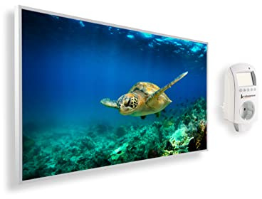 Könighaus Panorama Bildheizung 1200 Watt - Smart Thermostat - 18-29 m² | App, weißer Rahmen, Motiv: 13. Schildkröte unterwasser, TÜV SÜD, Infrarot Wandheizung