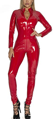 Panegy Women's One Piece Jumpsuit Metallic Zipper Front Romper Suit Sexy Stretch Bodysuit Punk PU Leather Costume for Roleplay Clubwear Black Red US Size-L
