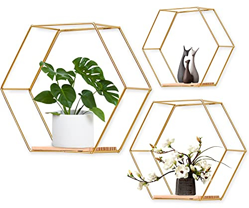 panthem Hexagon Wandregal Metall 3er Set, Gold Deko Hängeregal Loft Wandregale, Wand Regal für Wanddeko in Wohnzimmer, Schlafzimmer, Bad, Café und Hotel