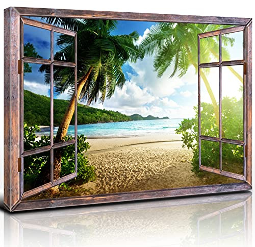Window Beach Wall Art Sunset Ocean Landscape Wall Decor Tropical Palm Tree Picture Nature Coastal Scenery Canvas Photo Prints Seascape Painting Artwork for Living Room Bathroom Home Decorations 24x36