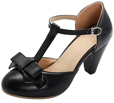 Elbslutt Women's Cute Retro Rockabilly Shoes T Strap Mary Janes Heels Chunky Cosplay Shoes Sweet Block Heeled Bow Pumps, Size 9, Black