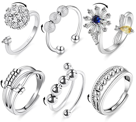 6PCS Anti Anxiety Fidget Ring for Women, Open Adjustable Ring, CZ Cubic Zirconia Diamond Rings, Rotatable Bead Rings, Bee Daisy Rings Set for Women Stress Relief