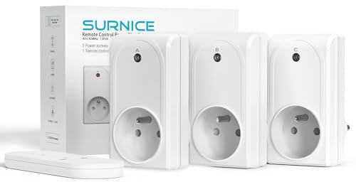 SURNICE Presa programmabile con telecomando senza fili, 3 prese elettriche e 1 telecomando, portata 80 m, funzione All on All Off, 230 V, 1 batterie CR2032 gratuite