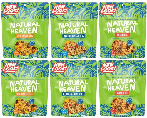 Natural Heaven Hearts of Palm Prepared Meals, Variety 6-Pack – Asian, Southwest & Mediterranean Ready Rice, New Delicious Recipes, Vegan Food, 9 Oz Pouches