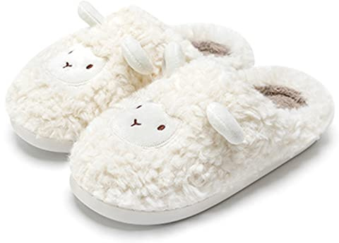 ZNEL Unisexe - Hommes Et Femmes Chaussons en Peluche De Mouton Mignon Et Douillet De Dessin Animé Pantoufle D'intérieur/extérieur Confortables Et Légères,Blanc,40~41