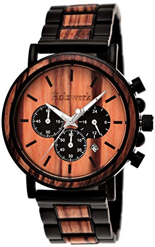 Holzwerk Germany Orologio da uomo realizzato a mano con cronografo in legno naturale, analogico, al quarzo, marrone, bianco, nero, pietra di marmo, data, quadrante in legno, marrone, Bracciale