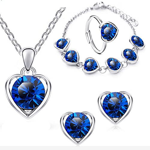 Prosy Herz-geformte Kristall Halskette Gold Silber Ohrringe Armband Ring Set Mode Liebe Herz Anhänger Choker Halsketten Schmuck für Frauen und Mädchen (blau)