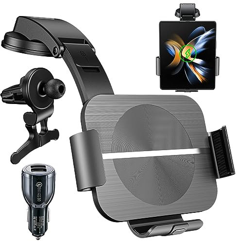 Olycism Dual Coils 15W Fast Wireless Charger Auto Handyhalterung Mit Ladefunktion Automatischer Induktio Qi Kabellose Kfz-Ladegeräte Lüftung für Samsung Galaxy Z Fold 6/5/4/3 USB QC 3.0 Autoladegerät