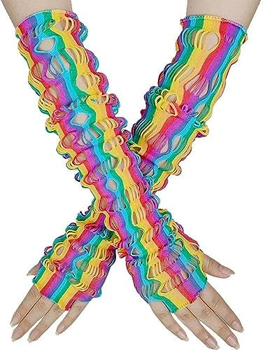 Qchomee Lange Regenbogen Netzhandschuhe Damen Fingerlose Handstulpen Tanzparty Damenhandschuhe Party Kostüm Handschuhe Netz Mesh Abendhandschuhe Tutu Zubehör Handschuhe für 80er Jahre Kostüm Cosplay