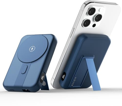 decqle 001 Magnetische Externe Batterie Wireless Powerbank, 10000mAh Faltbarer Stand-Akkupack Tragbares Ladegerät, Kompatibel mit MagSafe für iPhone 12/13/14/15 Serie (Blau)