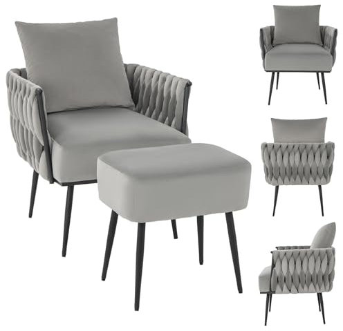 COSTWAY Fauteuil Salon avec Tabouret et Oreiller, Fauteuil Scandinave en Velours Hollandais, Chaise de Loisirs avec Pieds en Métal, Dossier et Accoudoirs Tissés, Siège 54 x 57cm, Charge 150KG (Gris)