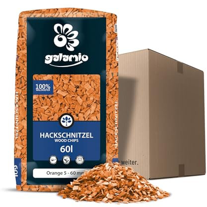 GALAMIO Holzhackschnitzel Orange Hackschnitzel Mulch Natur Wald Kiefer Pinus Sylvestris Garten Dekor Holz Häcksel Grob 5-60mm 60l Sack / 1 Karton Paligo