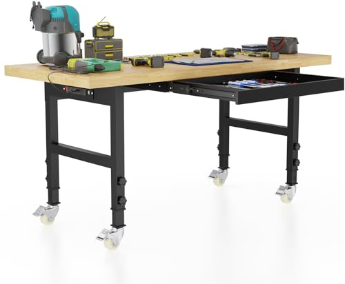 60 Adjustable Workbench with Wheels and Drawer, Solid Wood Rolling Work Bench Table with Power Outlet, Metal Tool Bench Work Bench for Garage, Large Load Capacity Workbench for Workshop,Office,Home