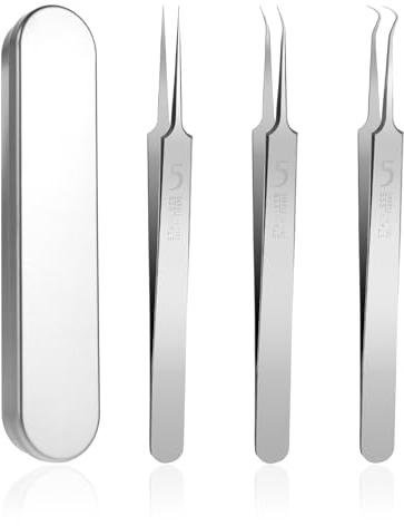 Bewudy 3 Stk Mitesser Pinzette Set, Edelstahl Spitzgebogene Pinzette Mitesserentferner mit Box Pickel Ausdrücken Werkzeug Splitterpinzette für Wimpernverlängerung Entfernung