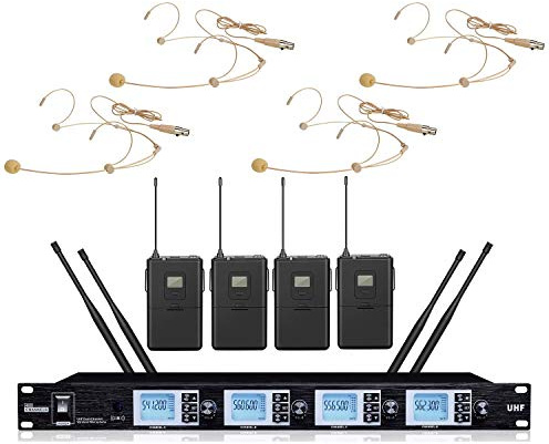 4 Channels Wireless Headset Microphone System UHF 4 Headworn Mics, Reliable 4 Antenna Reception, Adjustable Frequencies, 1U Rack Mountable MSEU4200