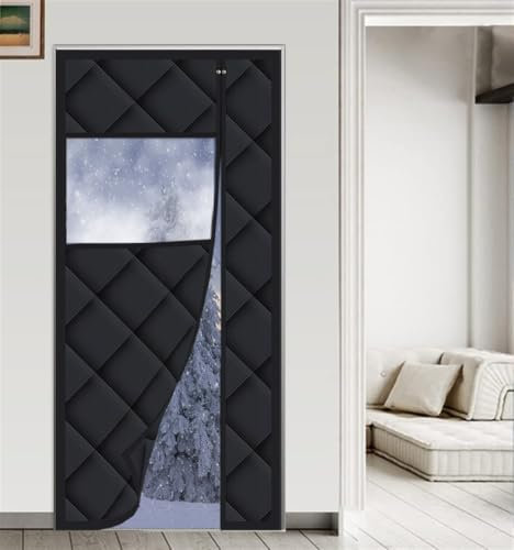 Magnetischer, wärmeisolierter Türvorhang, schalldicht, winddicht, Fleece-Isolierung, magnetische Fliegengittertür mit Fenster, schwarz, 85 x 220 cm (B x H)