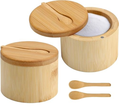 Lot de 2 boîtes à sel rondes en bambou avec couvercle et cuillère - 6 oz - Avec couvercle pivotant magnétique et cuillère - Pour sel, épices, poivre, herbe