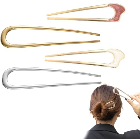 HUANR 4 Pièces Fourchette à Cheveux Chignon, Alliage de Zinc Épingles à Cheveux en Forme de U, Pince Chignon en Forme de U, Deux Couleurs et Styles, pour Conception Cheveux et Cadeaux