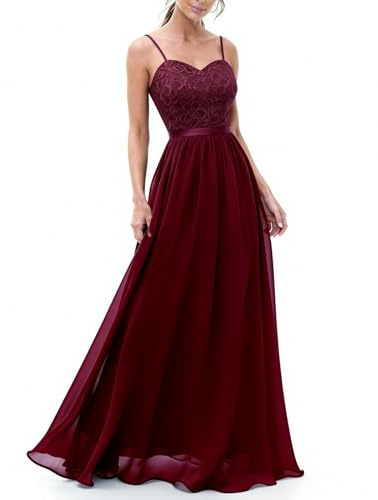 DRESSTELLS Spaghetti Strap Wedding Guest Dresses for Women UK, Maxi Lace Chiffon Elegant Formal Bridesmaid Evening Prom Cocktail Party Ladies Dress Burgundy M