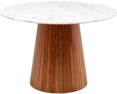 Kare Design Tisch Grace, Braun/Weiß, 115 cm Durchmesser, Esstisch, Marmor Tischplatte, Massivholz, Rund, Wohnzimmer, Esszimmer