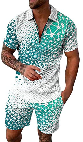 Sommer-Trainingsanzug für Herren, elastisch, zweiteiliges Set, Hawaii-Strand-Poloshirt, mit Revers, Reißverschluss, Urlaub, Business-Poloshirt, grün, XXL