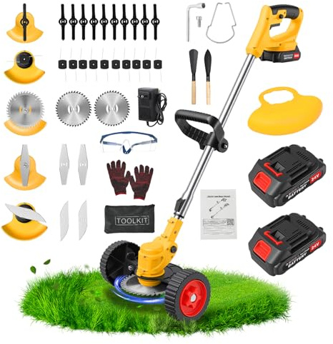 24V Electric Weed Wacker Cordless Grass Trimmer with 2x2000mAh Batteries & Fast Charger, 3 in 1 Stringless Lightweight Brush Cutter/Edger/Mower with 5 Types Blade & Wheels for Garden and Yard Lawn