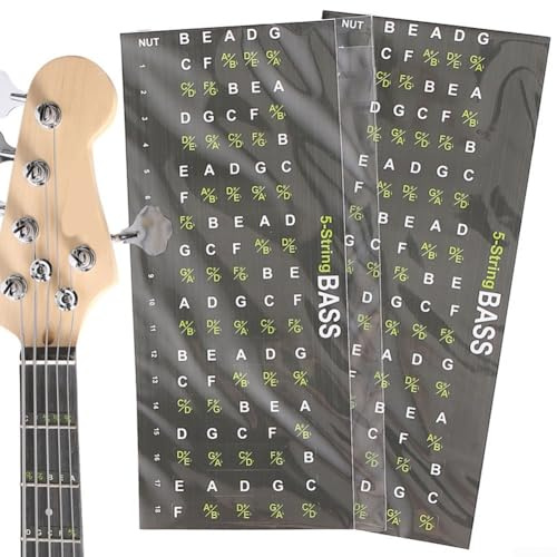 Gitarren-Skala-Aufkleber, 4/5-saitige Bassgitarre, Noten-Karten-Aufkleber, farbcodierte Bassgitarren-Aufkleber, Lernskala, Notenplatzierung (fünf Saiten)