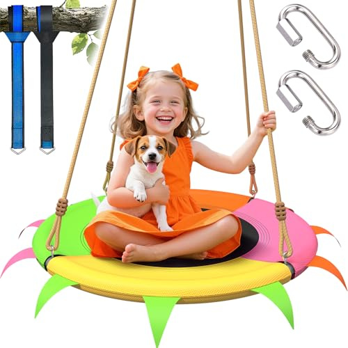 SMkidsport Saucer Swing for Kids Outdoor - 400lb Heavy-Duty Tree Swing with Adjustable Straps & Ropes, Weather-Resistant Outdoor Seat (Child-Safe, Vibrant Colors)