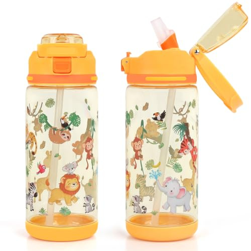 decalsweet Gourde Enfant Anti-Fuite, 600ml Gourde Maternelle Paille Animaux | Bouteille Enfant avec Poignée,Gourde Sport pour Fille Garçon,École,Léger,Facile à nettoyer,Verrouillage Sécurisé,cadeau