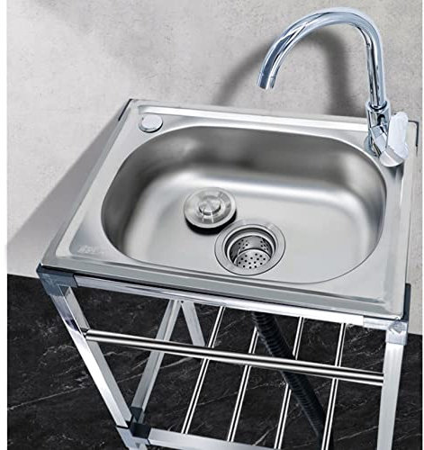 Lavello mobile multifunzionale in acciaio inox con rubinetto, lavabo autoportante, per uso interno/esterno, ideale per garage, giardini, griglie (48 x 35 x 83 cm)