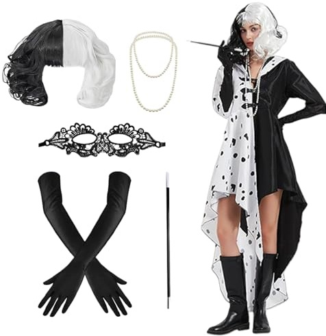 AXERHK Dalmatian Devil Kostüm Damen, Faschingskostüme Damen, 7 Stück Cosplay Kapuzenmantel Strickjacke Perücke Handschuhe Augenmaske Halskette Zigarettenstange, für Faschingskostüme (L)