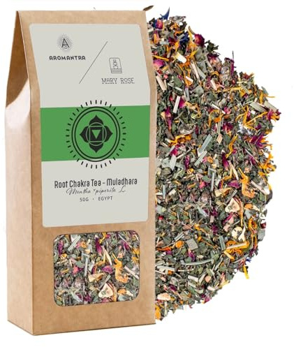 Aromantra x Mary Rose 50 g – Infuso per l'equilibrio dei chakra della radice di Muladhara, tisana biologica con erbe naturali e agrumi, menta piperita, salvia, citronella, arancia, fiori di rosa