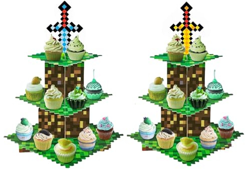 2Pcs 3-Tier Game Cupcake Stand with Sword and Arrow, Cardboard Dessert Holder for Fans Birthday, Gamer Theme Party Supplies, Creative Tiered Serving Tray Decorations (GOLD)
