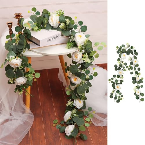 ZenyTra Künstliche Blumengirlande 180cm mit Weißen Rosen & Eukalyptus - Kunstblumen Hängepflanze für Hochzeit, Garten, Party, Hausdeko - Wetterfeste Seidenblumen Deko (Weiß, Kunstrosen)