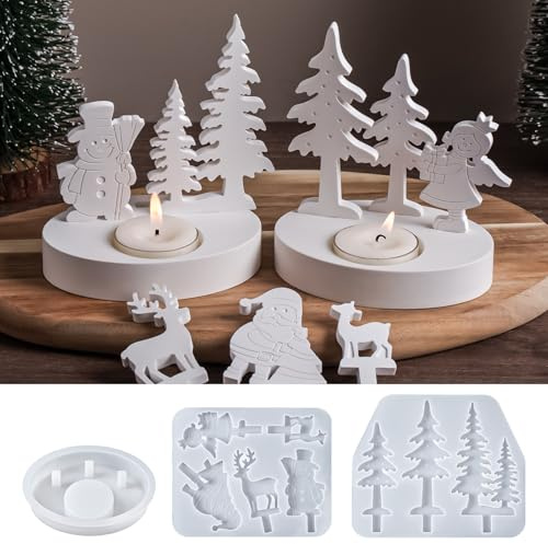 YODOYO Silikonformen Gießforme Weihnachten, 3er Weihnachtsbaum Kerzenhalter | Schneemann Engel Teelichthalter Silikonform für Gips, Epoxidharz und Beton, DIY Weihnachtsdeko