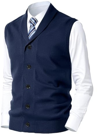 Harbrosrce Chaleco de Punto para Hombre Casual de Caballero con Cuello Chal Suéter sin Mangas Cárdigan Chaleco con Botones, azul oscuro, M