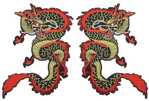 NBEADS 2 Stück Große Gestickte Drachenapplikation, Drachen Aufnäher Zum Aufnähen Polyester Stickerei Bügelaufnäher Für DIY Kostüme Hoodies Jacken Jeans Hosen Taschen, 34x20.8cm, Gelb