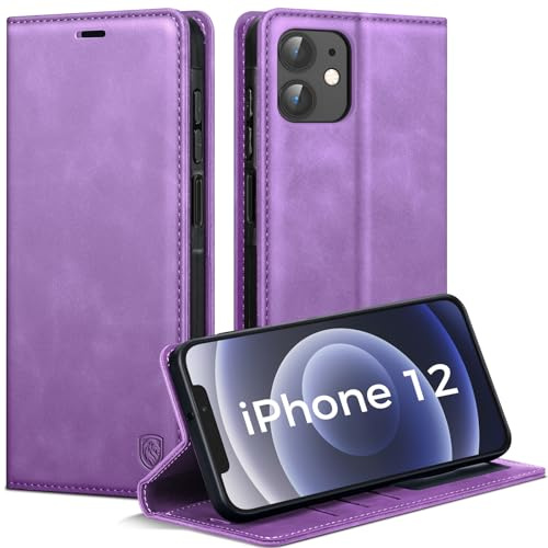 AIMOYU Handyhülle für iPhone 12/12 Pro Hülle, Premium PU Leder Klapphülle Schutzhülle, Tasche Magnet Kartenfach Standfunktion Flip Case Hülle für iPhone 12/12 Pro, Lila