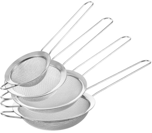 4 Pcs Stainless Steel Fine Mesh Strainer 4 Sizes Small Sieves with Handles Versatile Kitchen Strainer for Steeping Loose Leaf Tea Straining Cocktail Juice and Sifting Flour Sugar