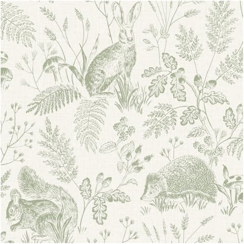 Sample for Woodland Animals Wallpaper Sage Greem Nature Forest Animal with Hare Hedgehog Squirrel Botanical Leaf Pattern Rustic Country Style Feature Wall for Living Room Bedroom Hallway Decor