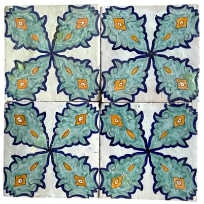 Tuiles marocaines Fes peintes à la main 15 x 15 cm – Lot de 4 carreaux céramiques artisanaux Zellige | Terre cuite émaillée vintage pour revêtement cuisine, mur décoratif et dosseret (30 x 30 cm)