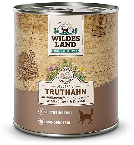 WILDES LAND – Truthahn | Nassfutter mit extra hohem Fleischanteil und natürlichen Zutaten für ausgewachsene Hunde. Getreidefreies Alleinfutter ohne Zusatzstoffe in der Dose | 6x800g Truthahn