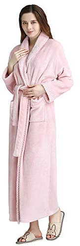 Oksun Bata larga de forro polar de felpa para mujer: bata de baño cálida de franela, abrigo de invierno de longitud completa, camisón suave y acogedor para dormir, Rosado, XL