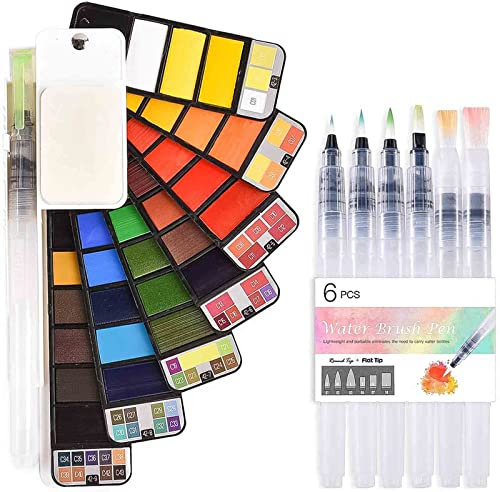 Fuumuui Set di colori ad acquerelli 42 colori con 6 pezzi Set di pennelli a penna ad acquerello, set da viaggio professionale da taschino per pittura, set di acquerelli solidi portatili.